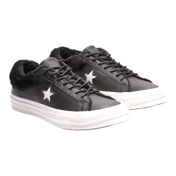 Leather Converse One Star Platform Shearling Collar Women’s 6 1/2 Black Go… - Picture 1 of 9